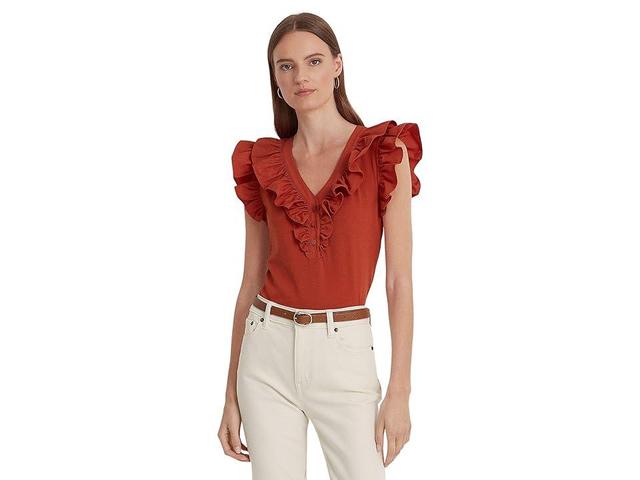 Lauren Ralph Lauren Ruffle-Trim Cotton Sleeveless Top Sunstone) Women's Clothing Product Image