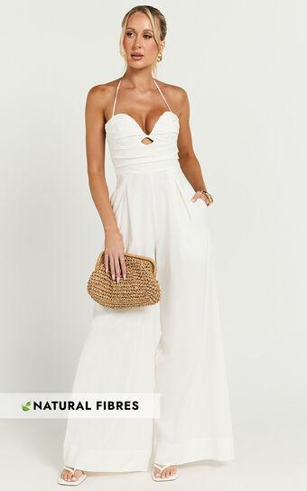 Norah Jumpsuit - Linen Look Halter Neck Wide Leg Jumpsuit in White Product Image