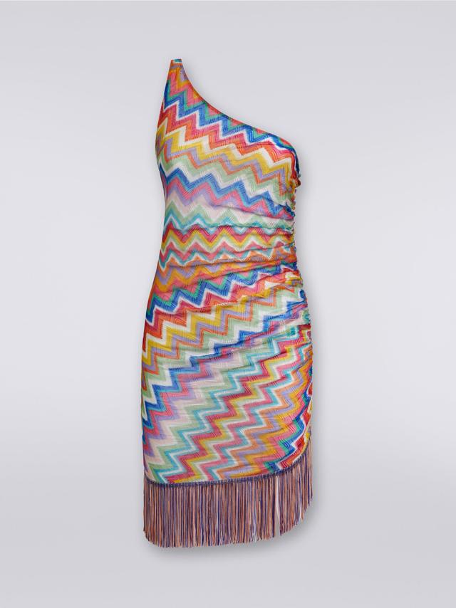 Short one-shoulder cover-up with fringes and side gathers Product Image