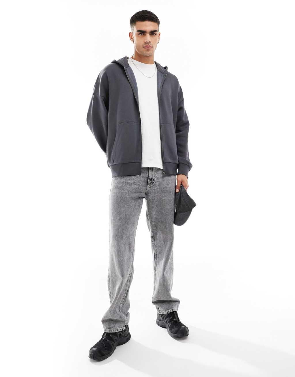 ADPT oversized double zip hoodie in gray acid wash Product Image