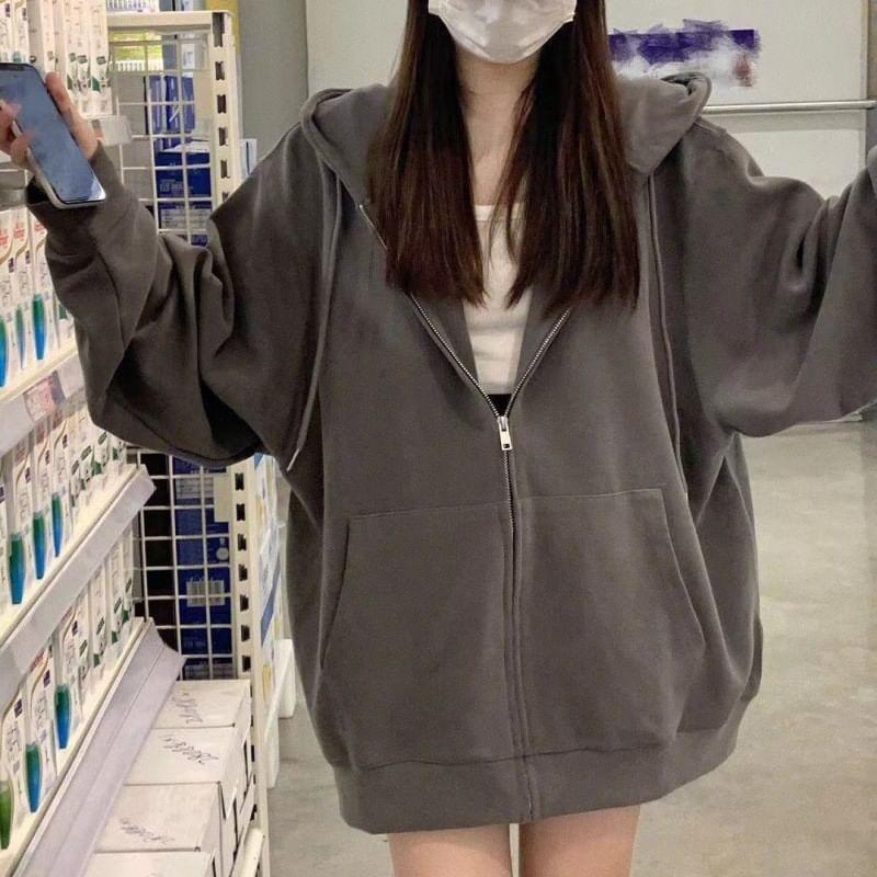 Plain Zip Oversized Hoodie Product Image