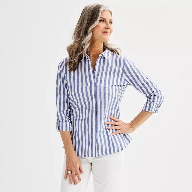 Womens Croft & Barrow Essential One Pocket Button Down Shirt Blue Even Stripe Product Image