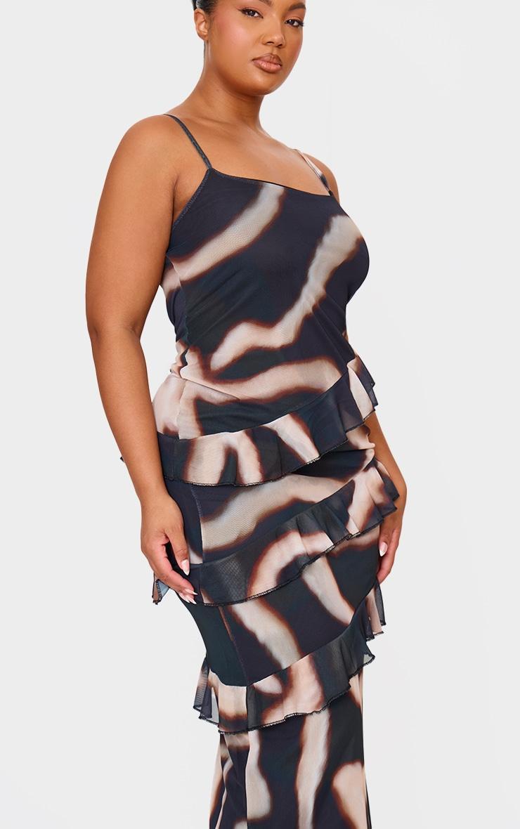 Plus Monochrome Printed Mesh Ruffle Maxi Dress Product Image