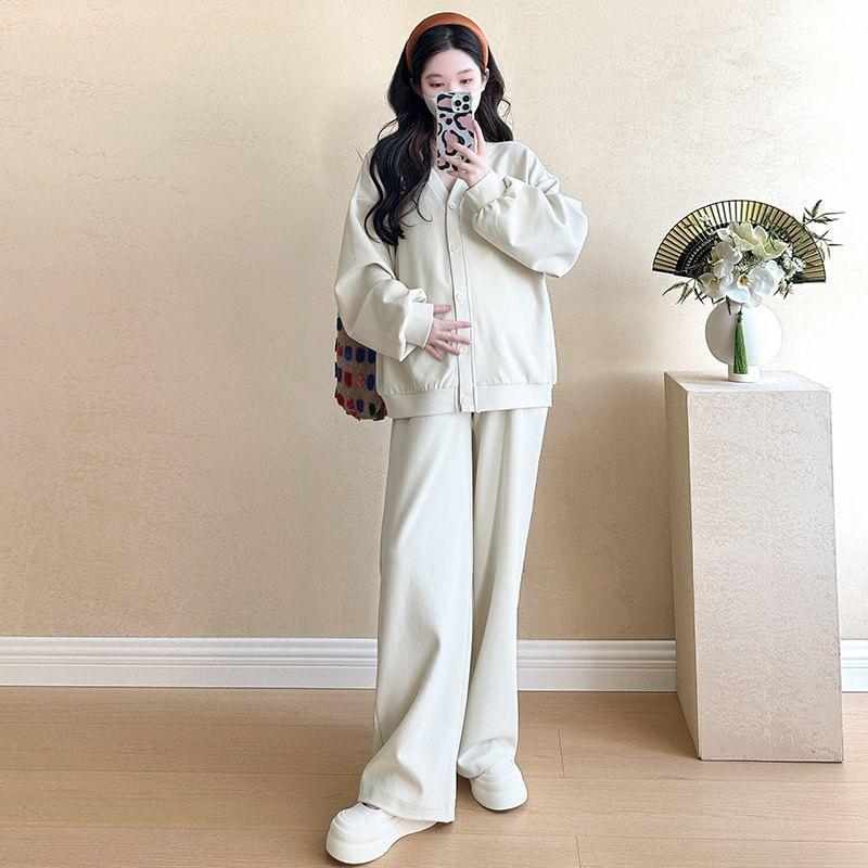 Maternity Set: V-Neck Button-Up Cardigan + High Waist Straight Leg Pants Product Image