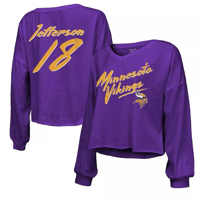 Womens Majestic Threads Justin Jefferson Minnesota Vikings Name & Number Off-Shoulder Script Cropped Long Sleeve V-Neck T-Shirt Product Image