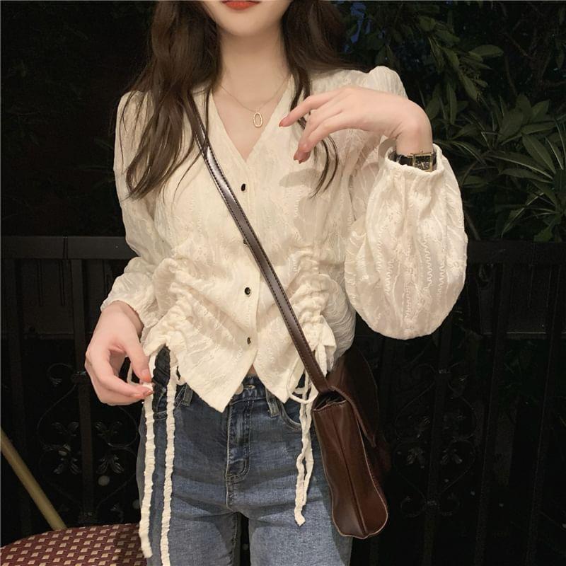 Long-Sleeve V-Neck Drawstring Lace Blouse Product Image