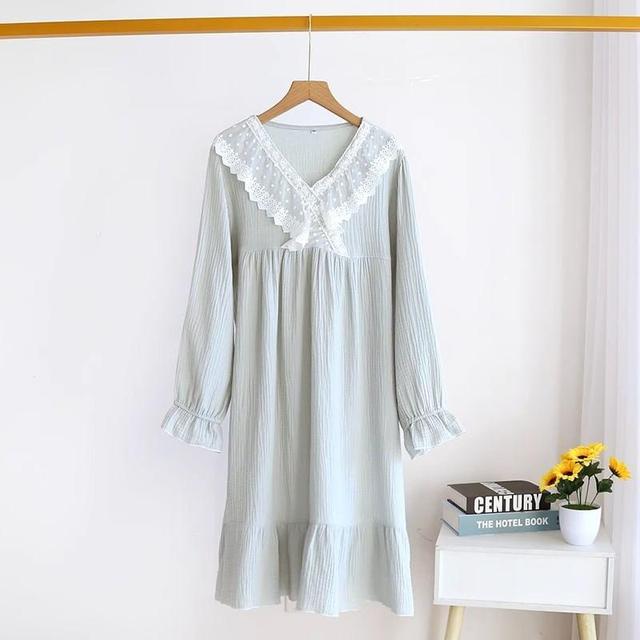 Long-Sleeve V-Neck Lace Trim Pajama Dress Product Image