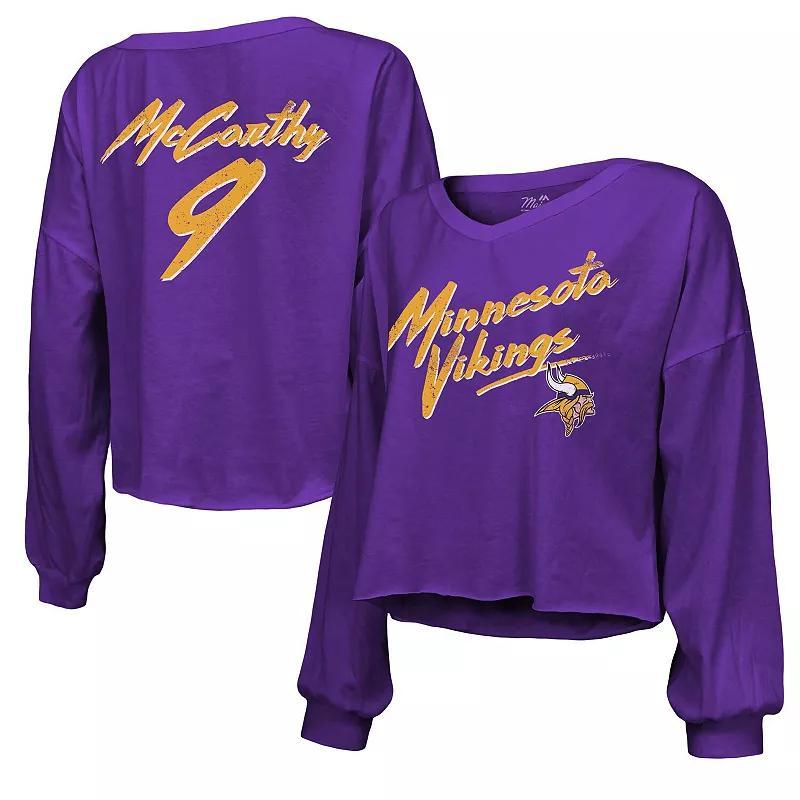 Womens Majestic Threads J.J. McCarthy Minnesota Vikings Name & Number Off-Shoulder Script Cropped Long Sleeve V-Neck T-Shirt Product Image