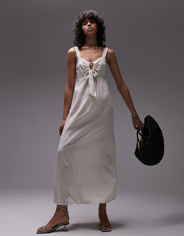 Topshop linen blend tie front midi dress in ecru  Product Image