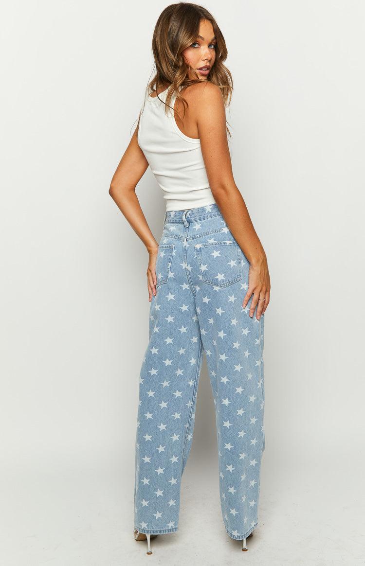 Eli Star Print Mid Wash Wide Leg Denim Jeans Product Image