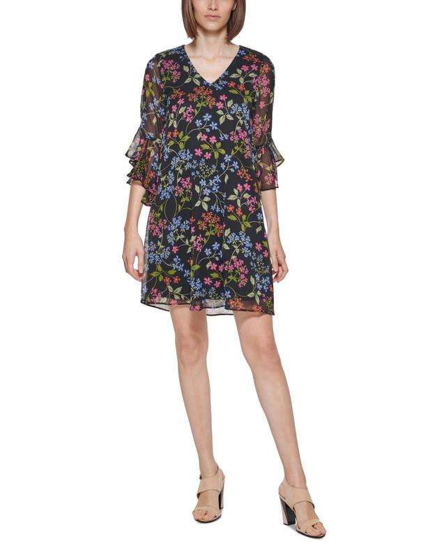 Calvin Klein Womens 3/4-Sleeve Printed Chiffon Dress Product Image