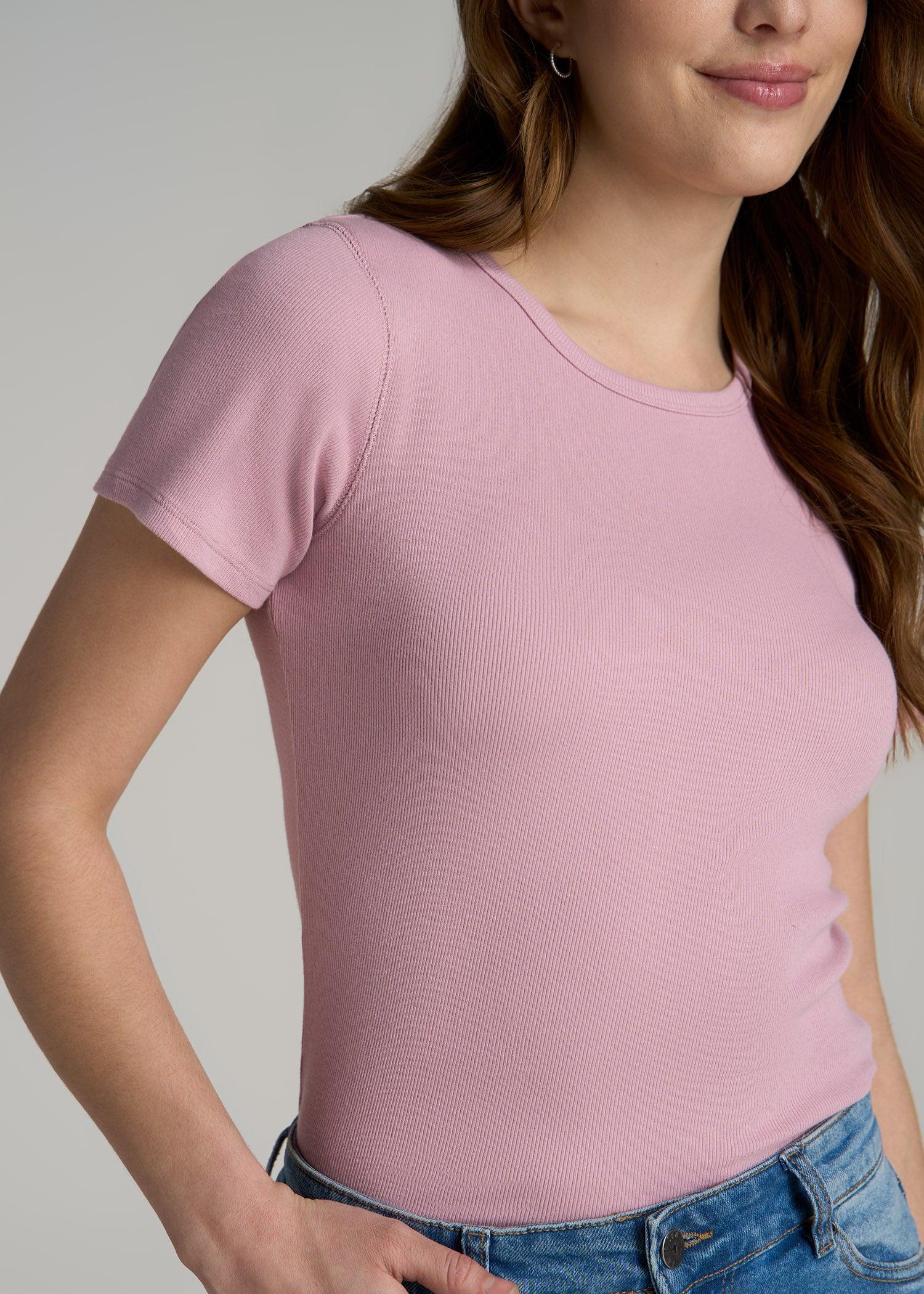 Short Sleeve Crew Neck Ribbed T-Shirt for Tall Women in Pink Peony Female Product Image