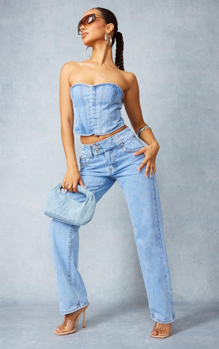 Petite Light Blue Wash Denim Hook And Eye Corset Top Product Image