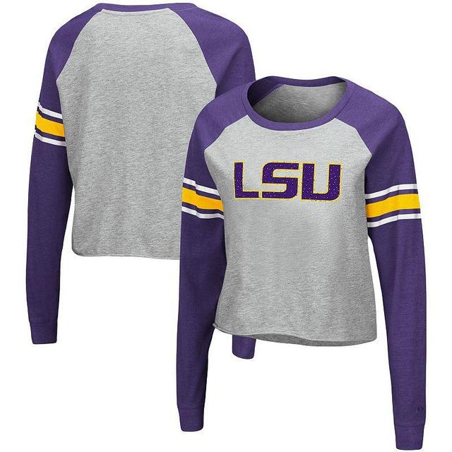 Womens Colosseum Heathered Gray/Purple LSU Tigers Decoder Pin Raglan Long Sleeve T-Shirt Product Image