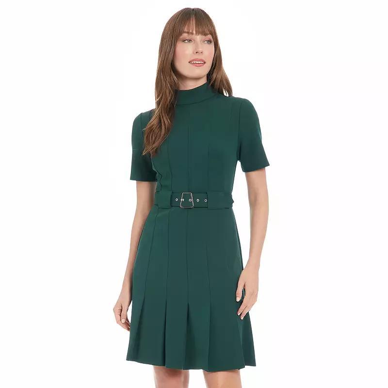 Womens London Times Mock Neck Belted Pleated Dress Blue Product Image