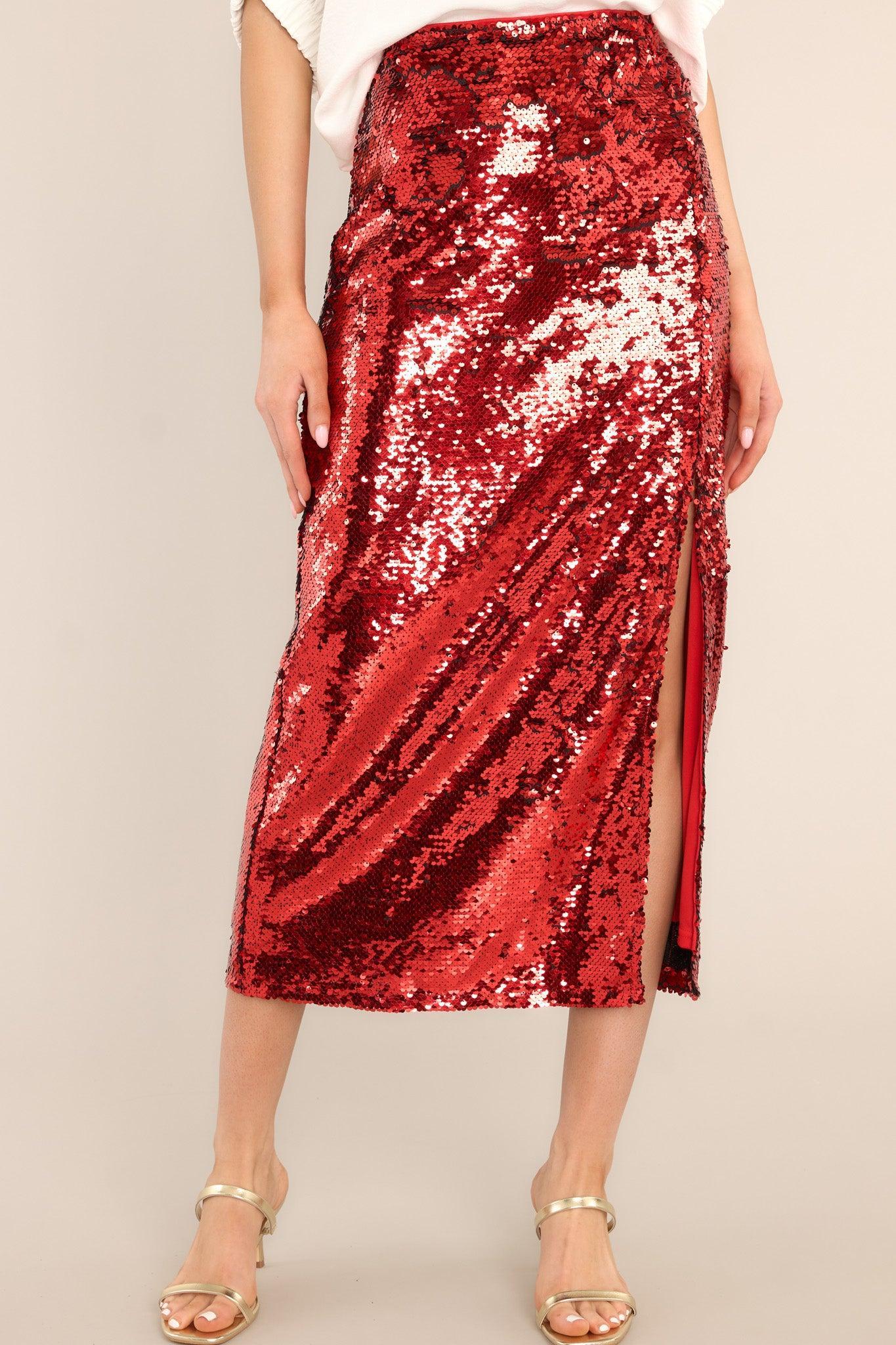 A Part Of It Red Sequin Midi Skirt Product Image