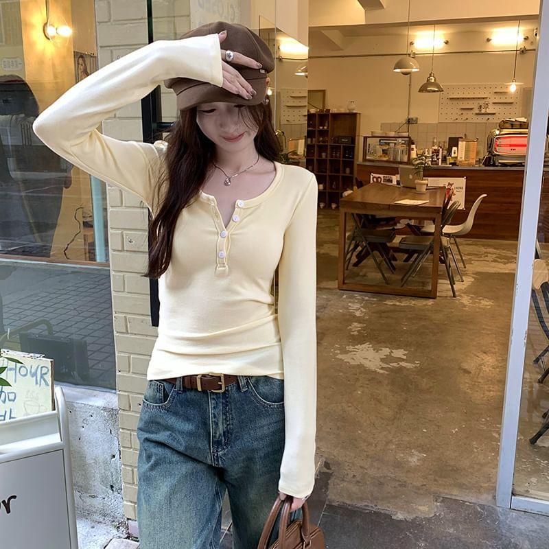 Long-Sleeve Henley Slim Fit Tee Product Image