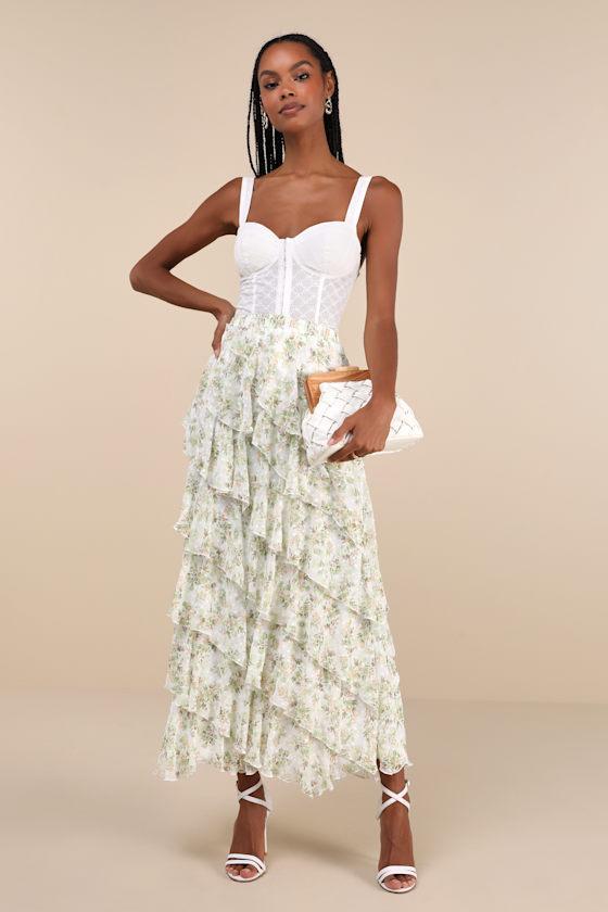 Feeling Flouncy Ivory Floral Print Tiered Ruffle Midi Skirt Product Image