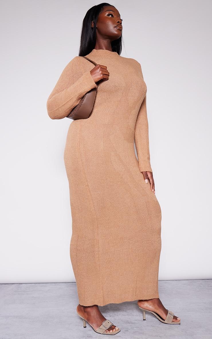 Plus Mocha Soft Knit Open Back Long Sleeve Maxi Dress Product Image