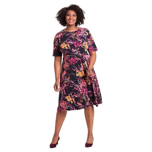 Plus Size London Times Elbow Sleeve Midi Dress, Womens Navy Pink Product Image