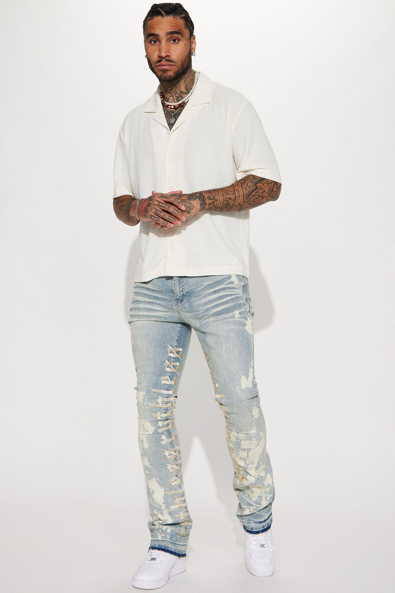 Ruthless Embroidered Stacked Skinny Flare Jeans - Bleach Blue Wash Product Image