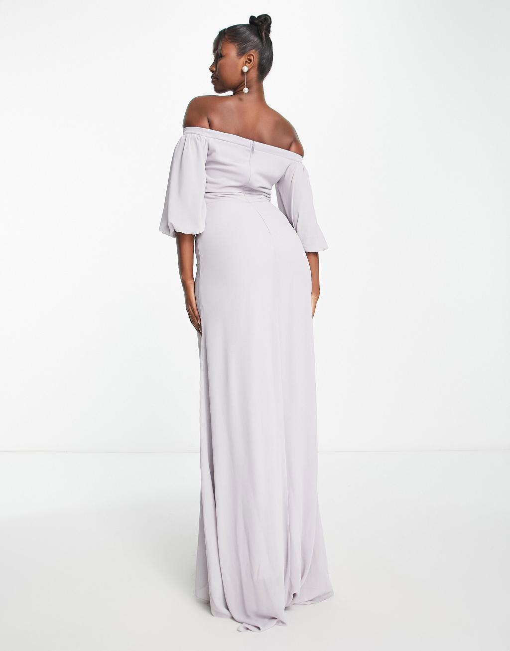 TFNC Bridesmaid bardot chiffon maxi dress with embellished waist in gray Product Image