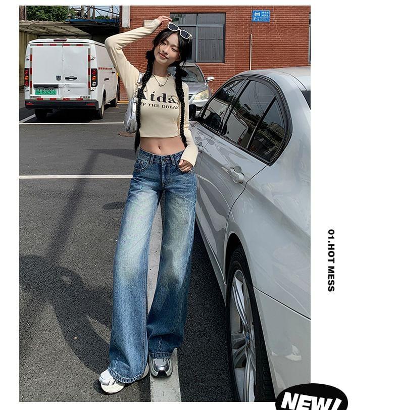 Low Waist Washed Straight-Fit Wide-Leg Jeans Product Image