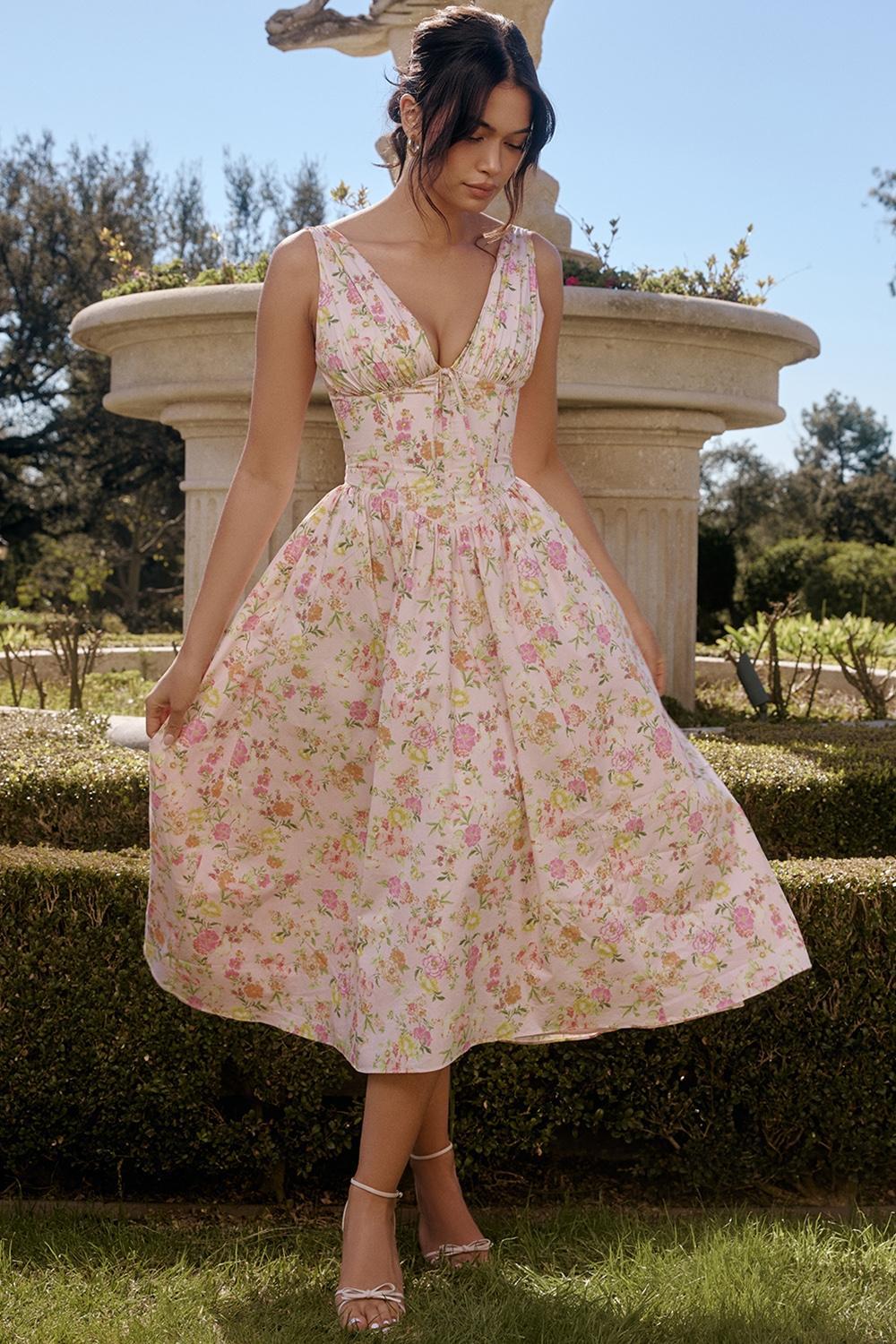 Emmelina Pink Meadow Print Cotton Corset Sundress Product Image