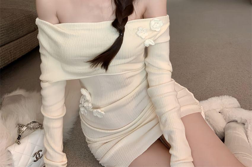 Long Sleeve Off Shoulder Plain Floral Detail Drawstring Mini Sheath Dress Product Image