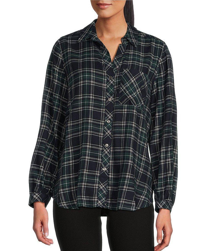 Westbound Tartan Plaid Print Long Sleeve Y-Neck Button Front Collared Top Product Image