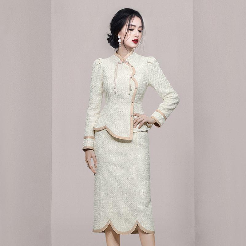 Set: Mandarin Collar Contrast Trim Tweed Button Jacket + Midi Pencil Skirt Product Image