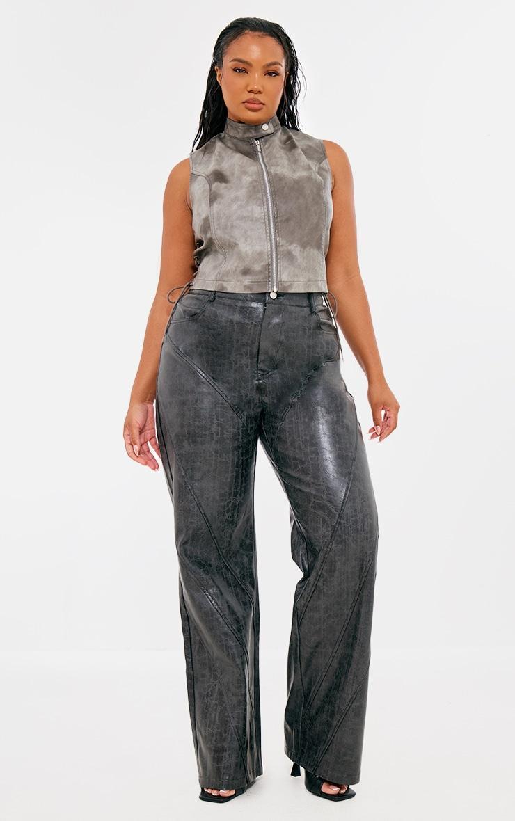 Plus Dark Grey Washed Faux Leather Panel Detail Straight Leg Pants Product Image