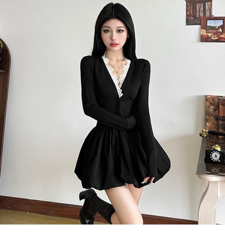 Long-Sleeve V-Neck Plain Lace Trim Mini A-Line Dress Product Image