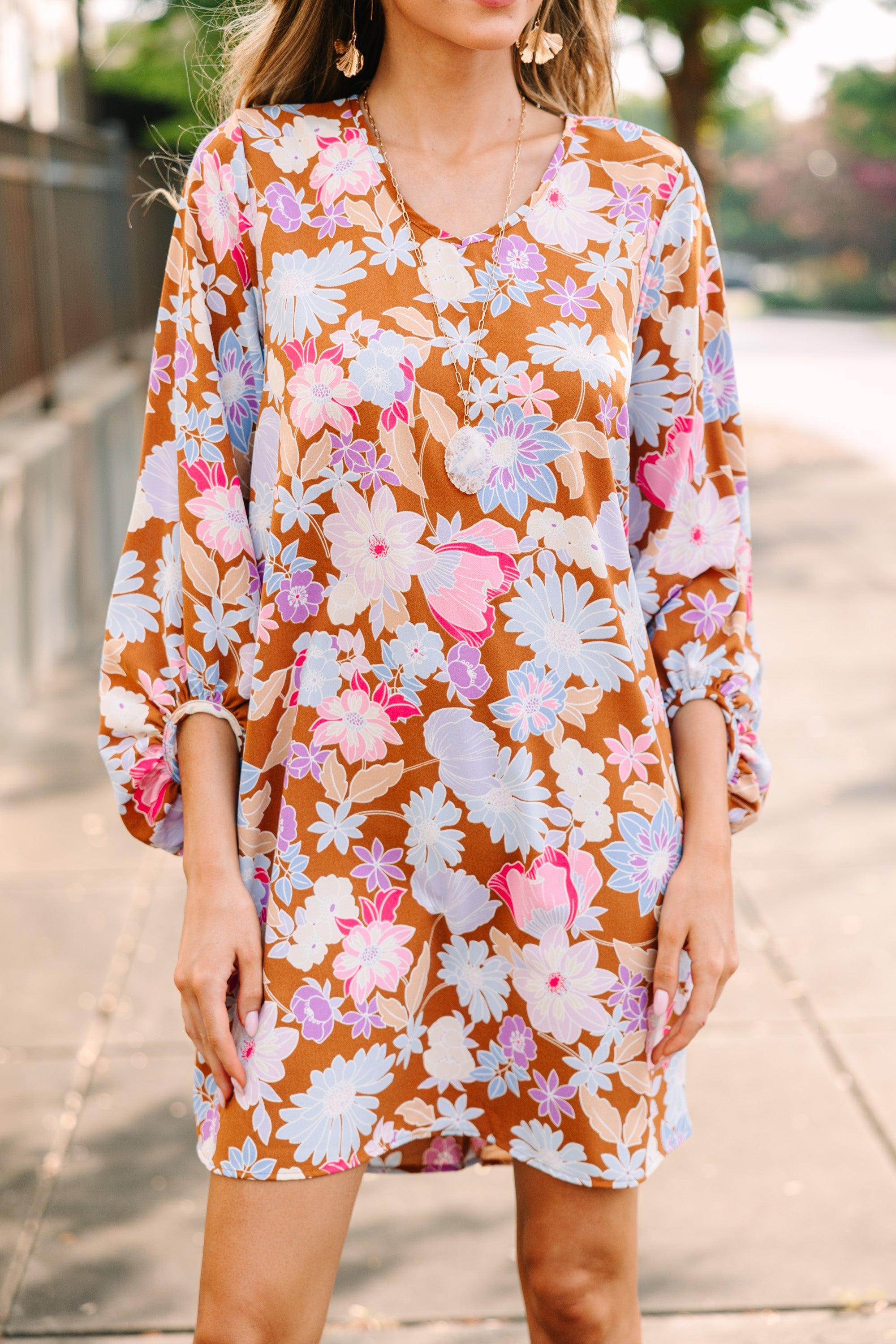 Loud And Clear Brown Floral Bubble Sleeve Dress Female Product Image