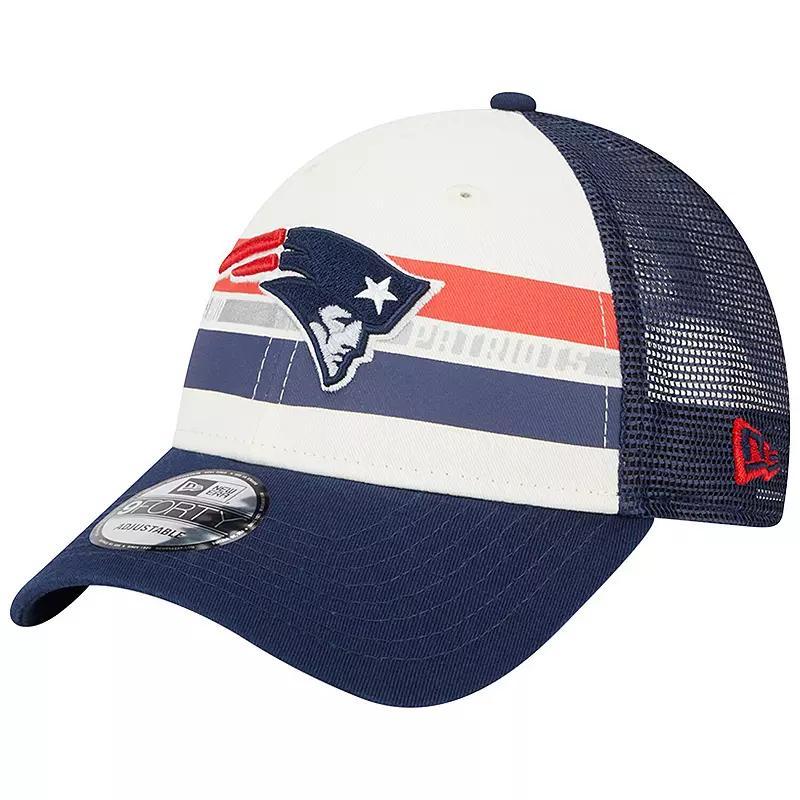 Mens New Era Cream/Navy New England Patriots Team Stripe Trucker 9FORTY Snapback Hat Product Image