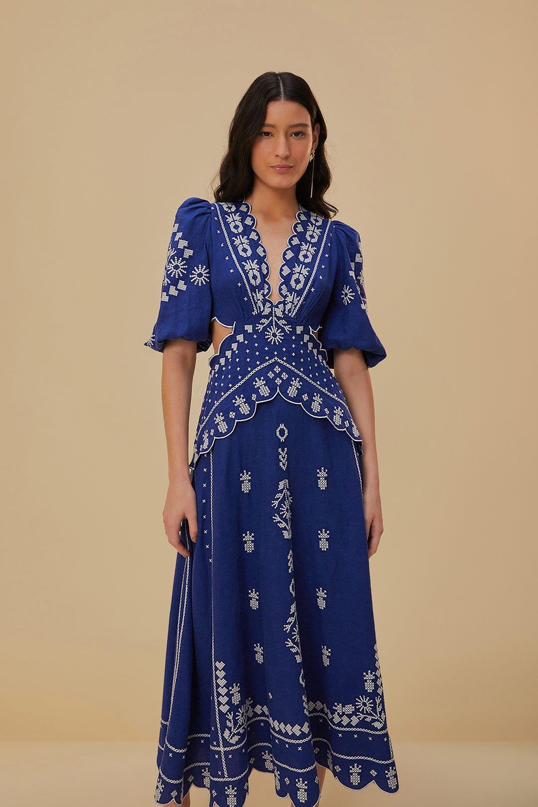 Navy Blue Embroidered Cut-Out Midi Dress Product Image