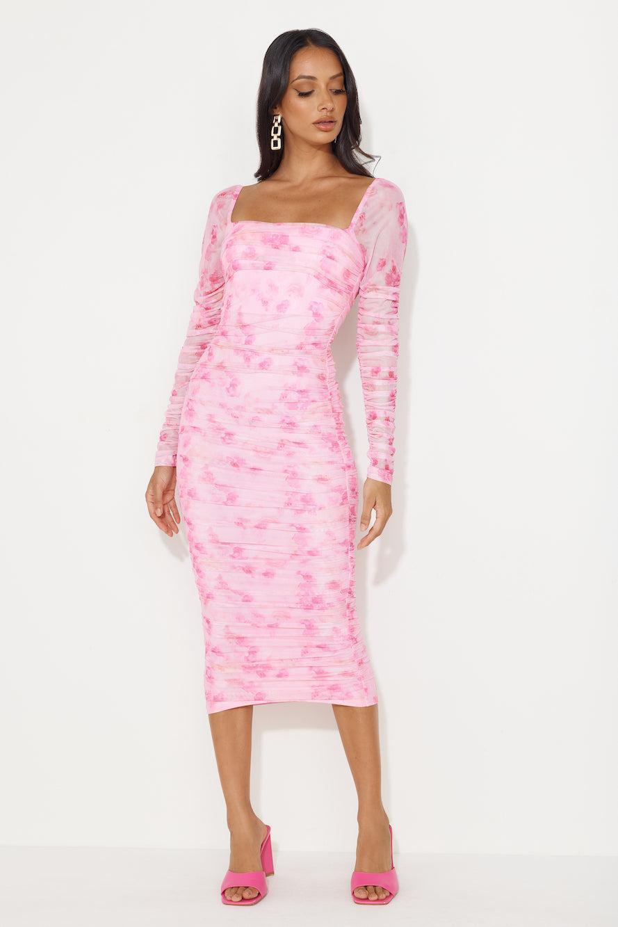 Hey There Gorg Long Sleeve Mesh Midi Dress Pink Product Image