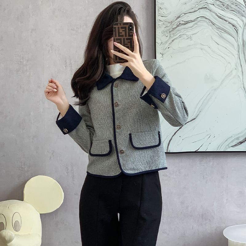 Lapel Collar Two Tone Button Cropped Tweed Jacket Product Image