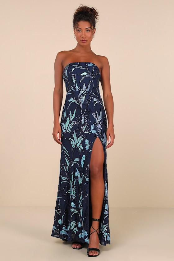 Shimmering Icon Navy Sequin Lace-Up Strapless Maxi Dress Product Image