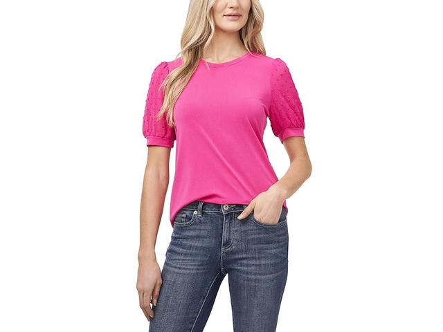 CeCe Womens Short Puff-Sleeve Mixed Media Knit Top Product Image