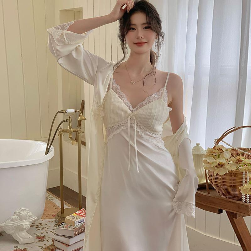 Pajama Set: Plain Lace Trim Robe + Spaghetti Strap Night Dress Product Image