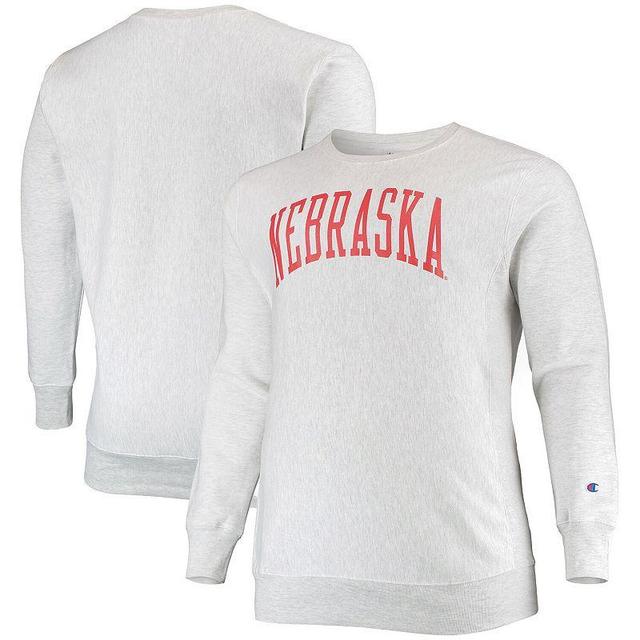 Mens Champion Heathered Gray Nebraska Huskers Big & Tall Reverse Weave Fleece Crewneck Pullover Sweatshirt Product Image