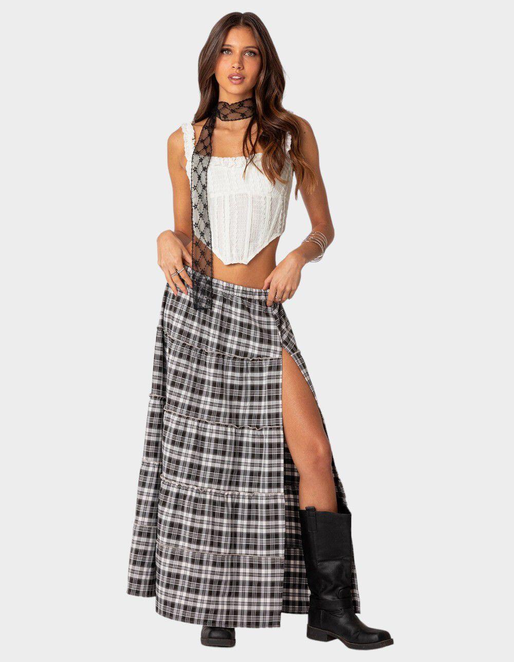 EDIKTED Plaid Side Slit Tiered Maxi Skirt Product Image