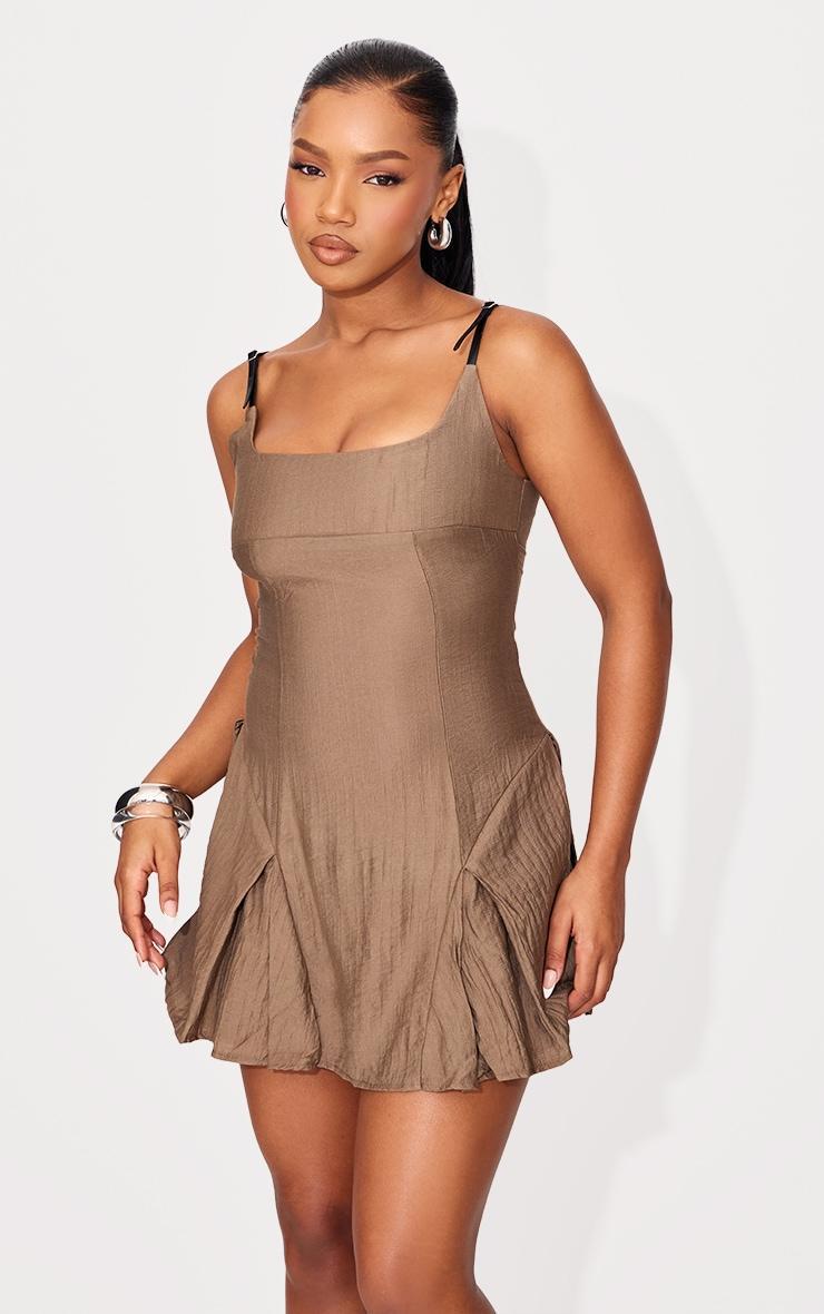 Taupe Textured Woven Buckle Detail Shift Dress Product Image