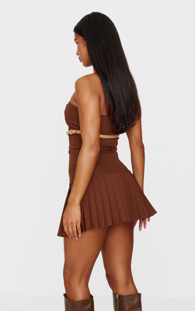 Chocolate Brown Belted Pleated Skirt Bodycon Dress Product Image