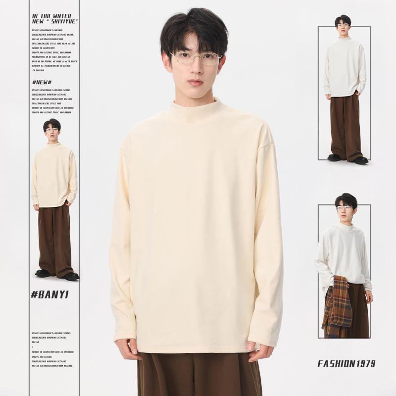 Long-Sleeve High Neck Plain T-Shirt Product Image