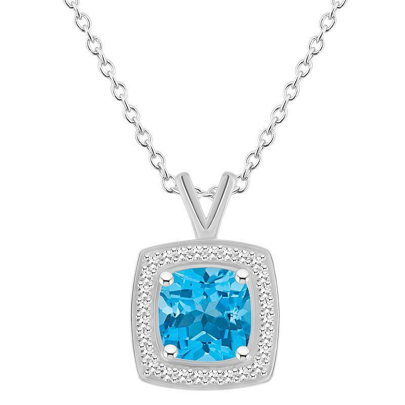 Celebration Gems Sterling Silver Cushion Gemstone & 1/8 Carat T.W. Diamond Halo Pendant Necklace, Womens Blue Product Image