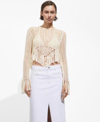 Mango Womens Fringes Detail Openwork Knitted Sweater Product Image