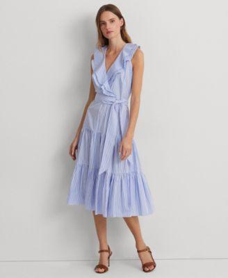 Lauren Ralph Lauren Womens Striped Cotton Broadcloth Surplice Dress - Blue Product Image