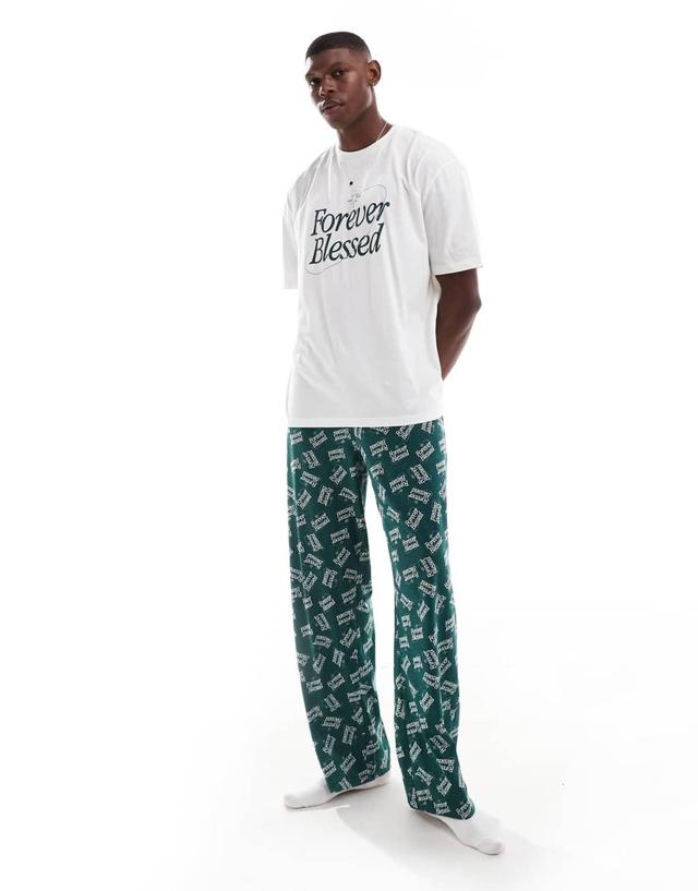 ASOS DESIGN pajama set with Forever Blessed graphics in dark green Product Image